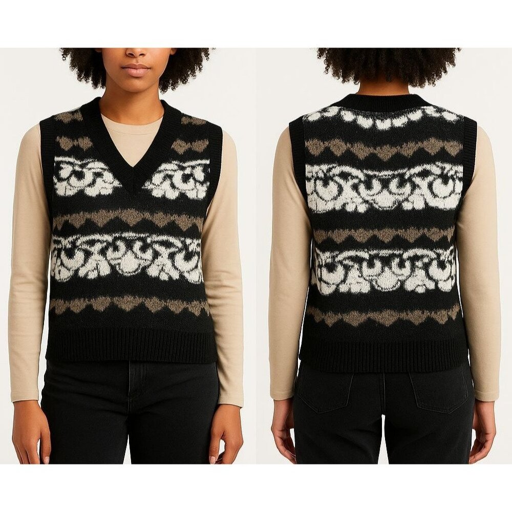 Belldini Black, White & Mocha Patterned Sleeveless Knit Sweater Vest Size Medium